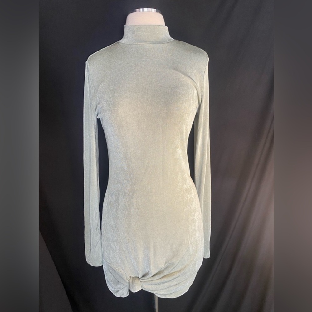 Long Sleeve Twist-Hem Mock Neck Dress in Sage Green